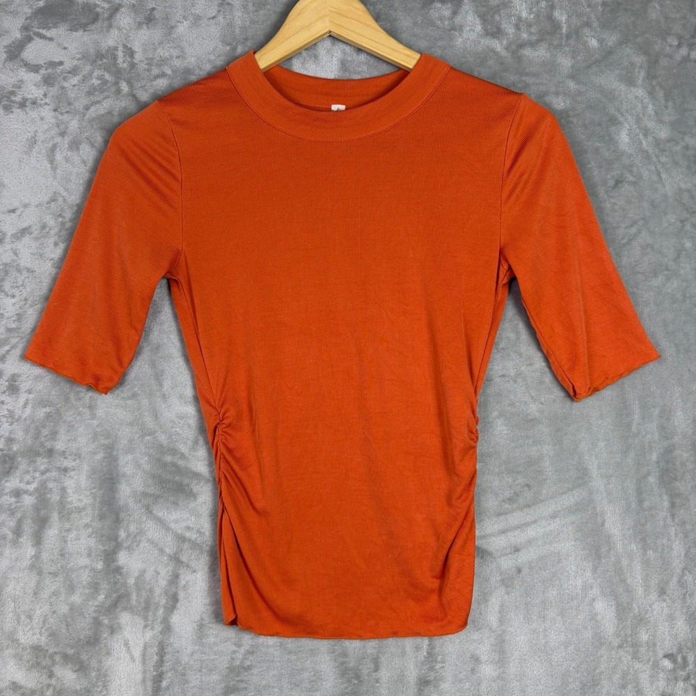 Free People Top Ruched Ribbed Size S Elbow Sleeve Orange Boho Knit Blouse